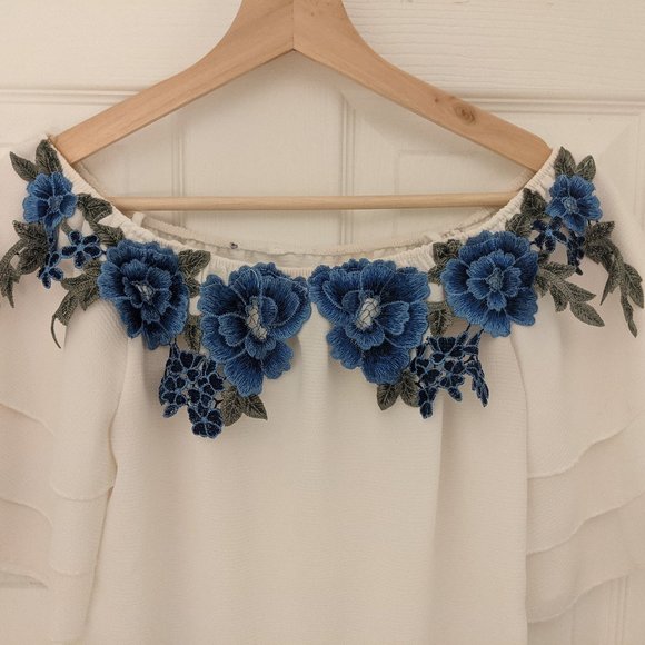 Blue Floral Off-The-Shoulder Top - Picture 3 of 4